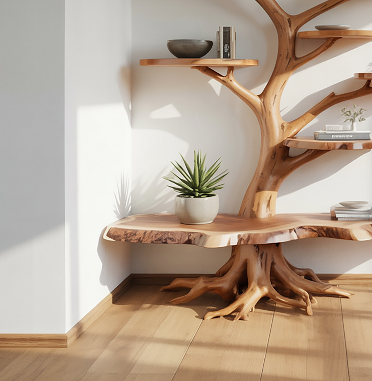Corner tree bookshelf with an intricate root base next to an archway