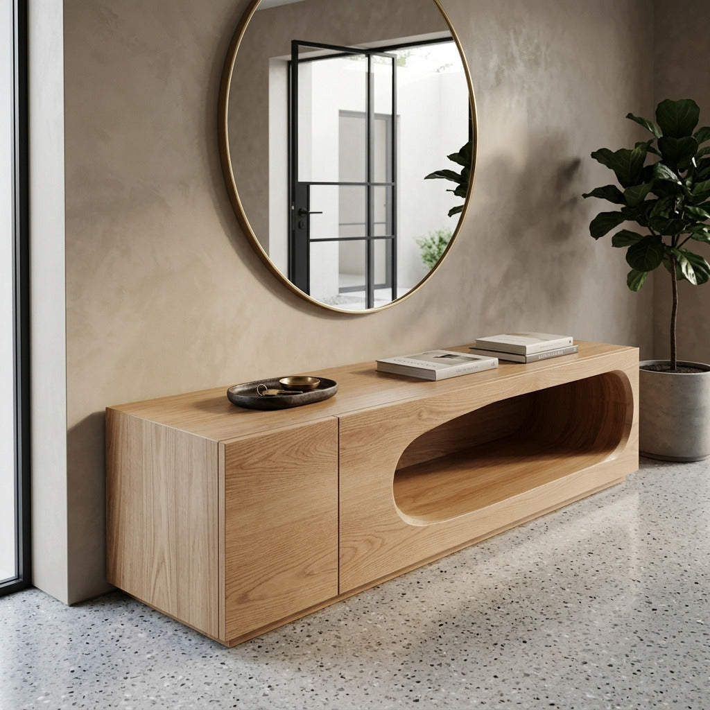 Organic oval cutout console table in solid wood