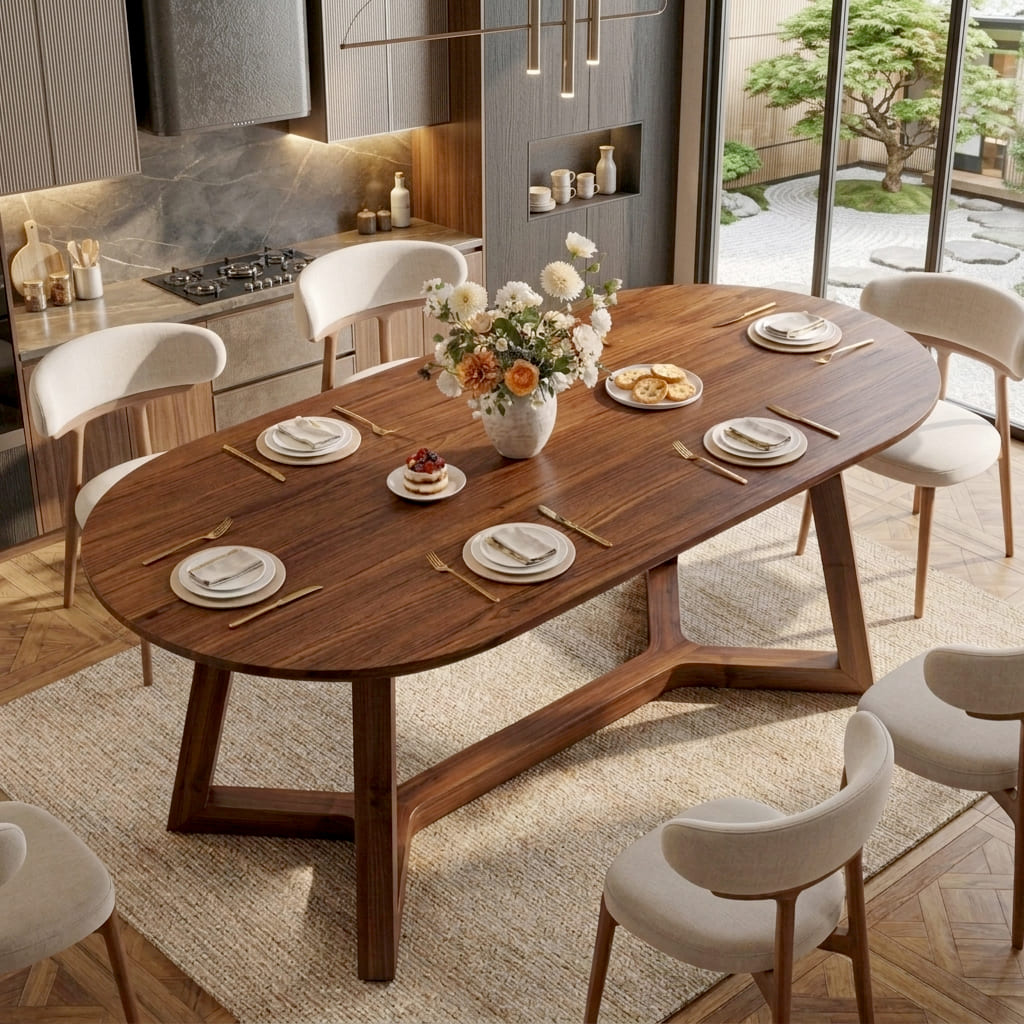 Organic oval live edge solid wood dining table with sculptural X-base handcrafted from premium hardwood