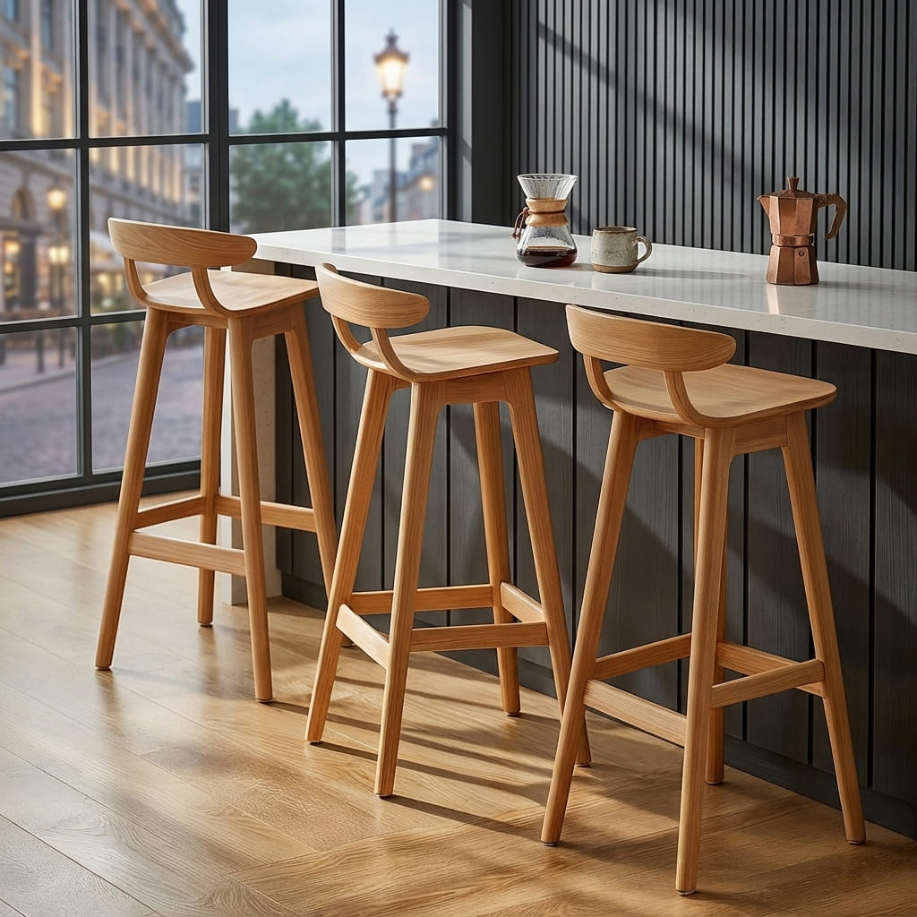 Organic Solid Wood Bar Stools with Curved Ergonomic Backrest