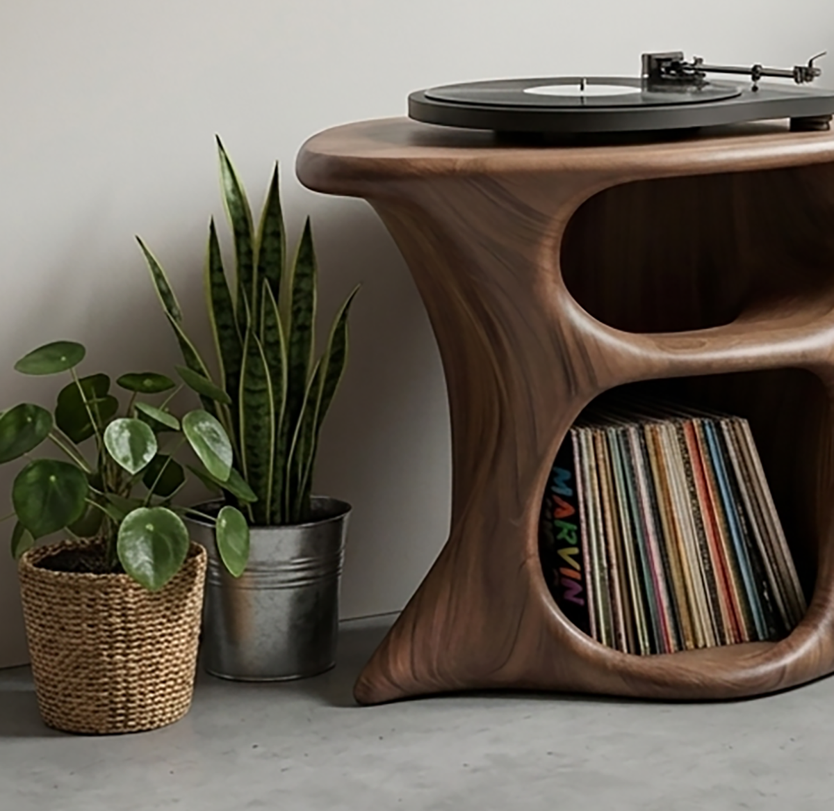 Wooden record player stand with curved organic design