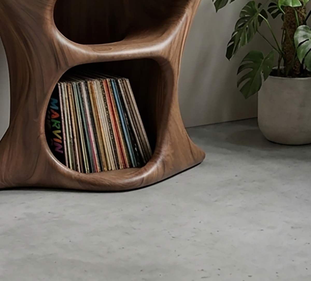 Unique corner record player stand made of natural wood