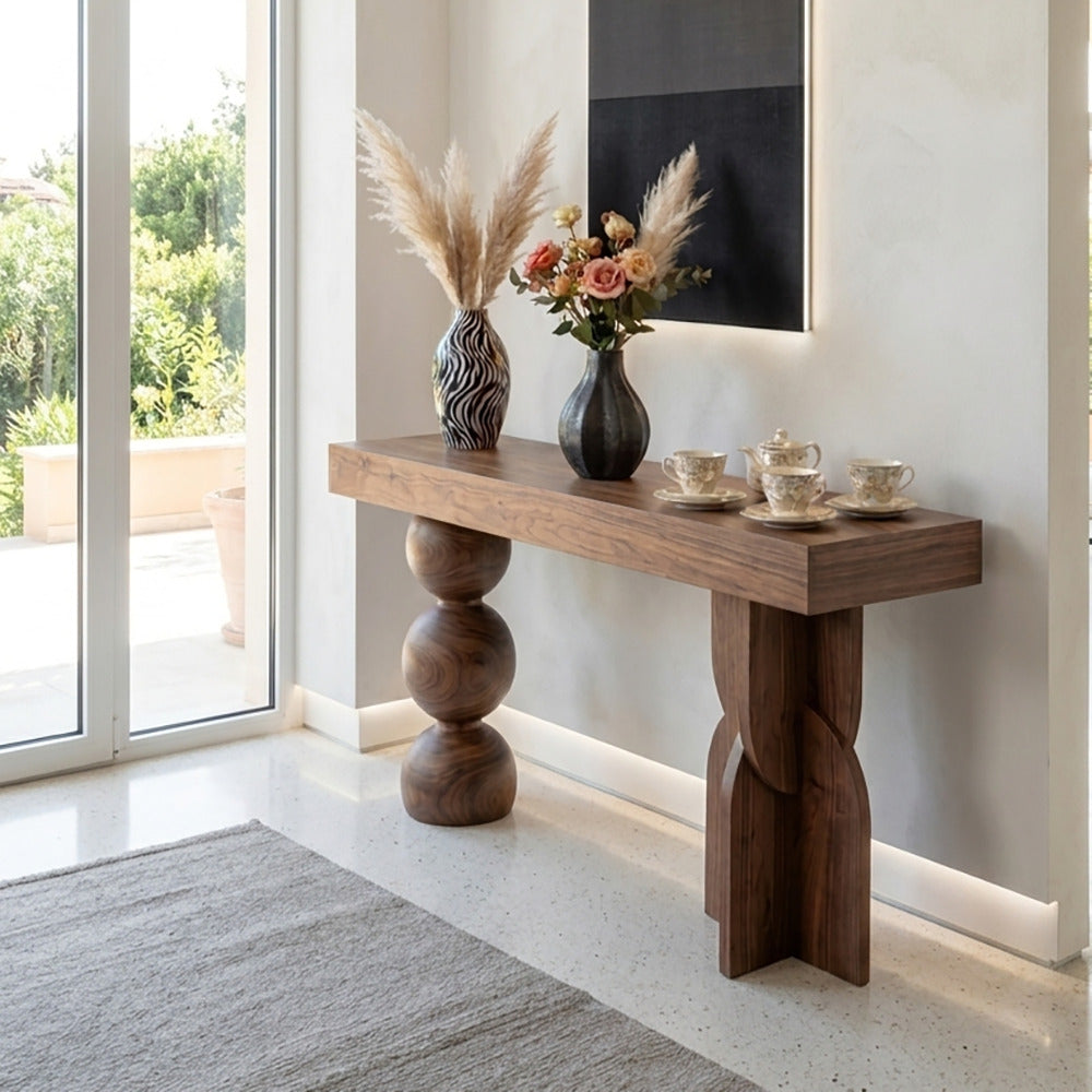 Organic sphere and curve console table in solid wood