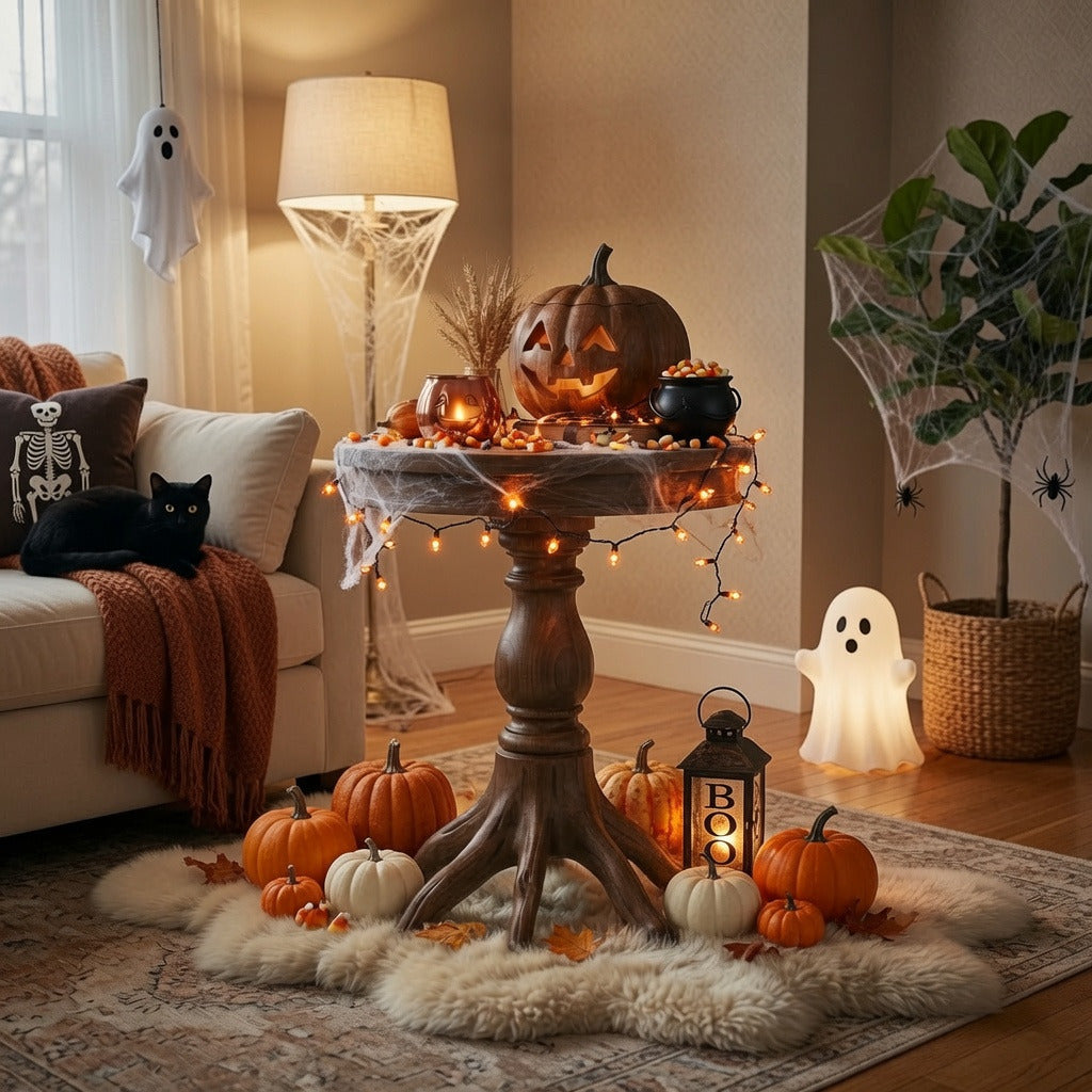 Natural hardwood round accent table enhancing Halloween home décor