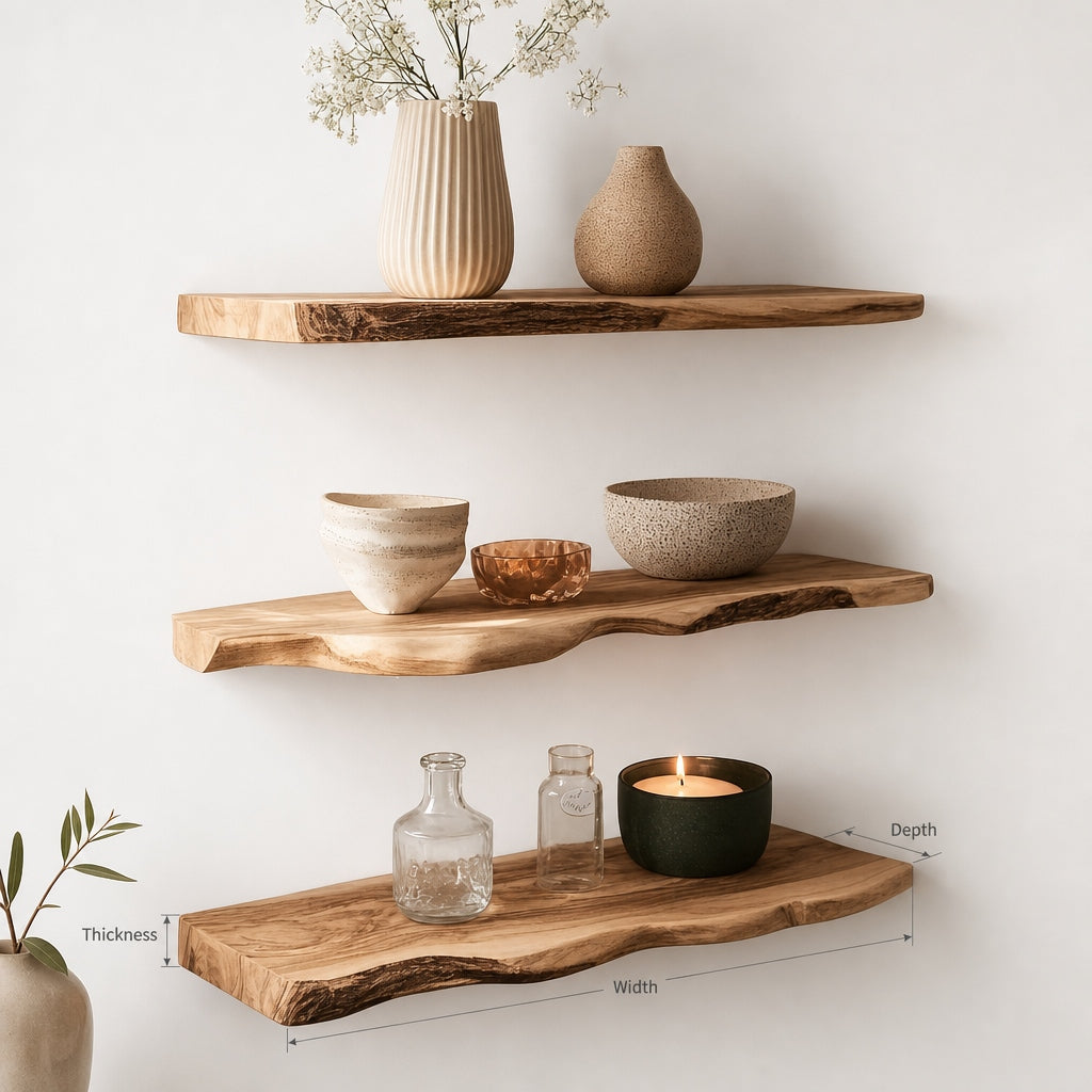 Organic Live Edge Solid Wood Floating Shelf