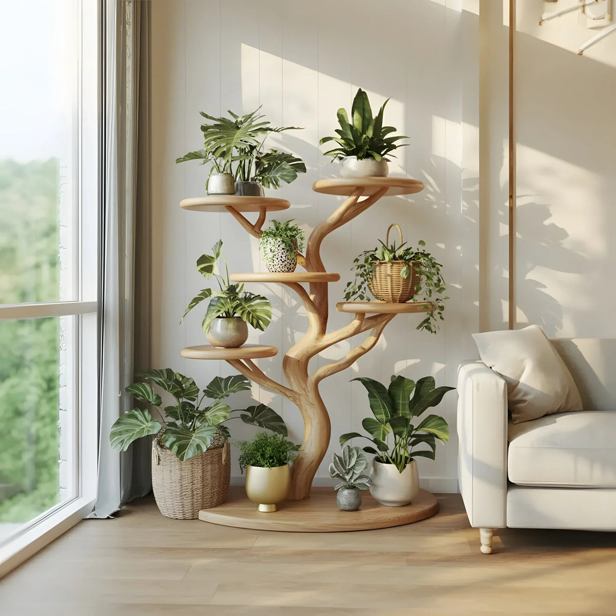 Rustic tree plant shelf for indoor green living room display