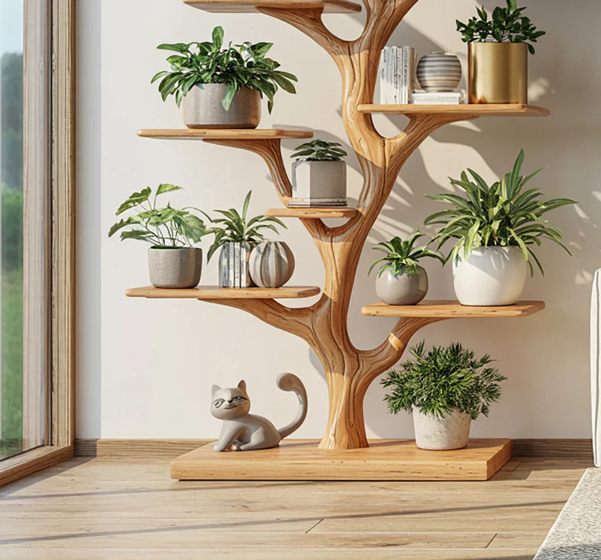 Wooden tree plant stand for indoor plants and home decor