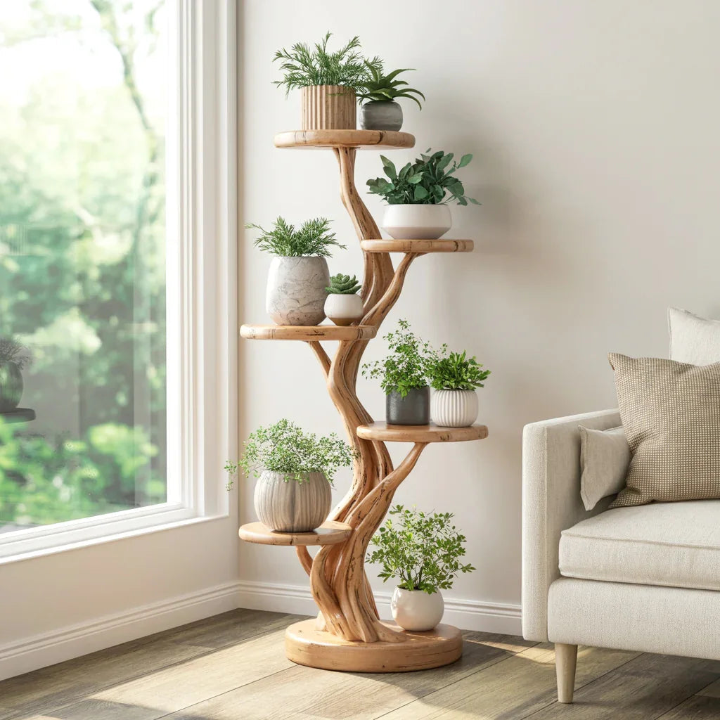 Rustic tree plant shelf with organic multi level plant display
