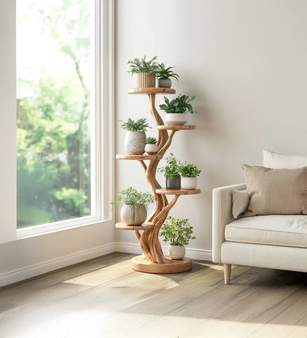 Natural wood plant shelf with tree design for interior decor