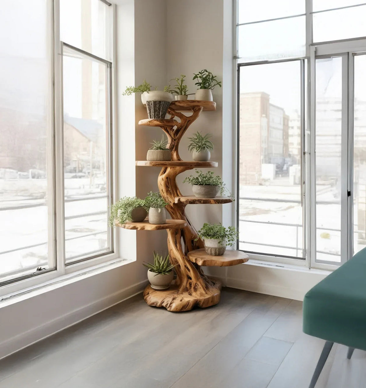 Natural wood plant stand for midcentury home decor