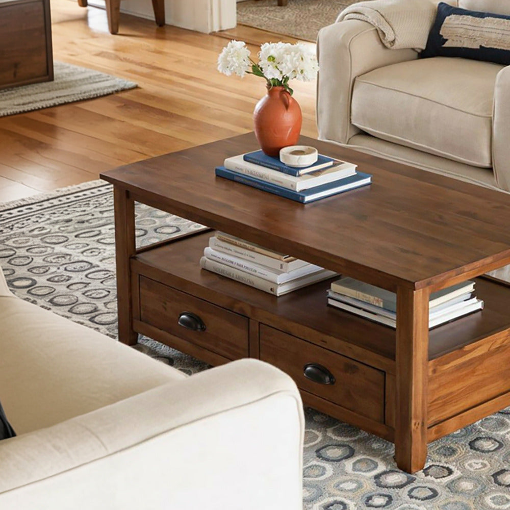 Rustic solid wood coffee table with two storage drawers