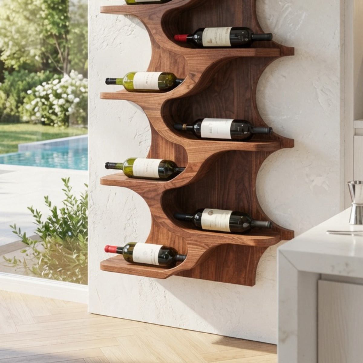 Handcrafted natural wood wine rack for home bar