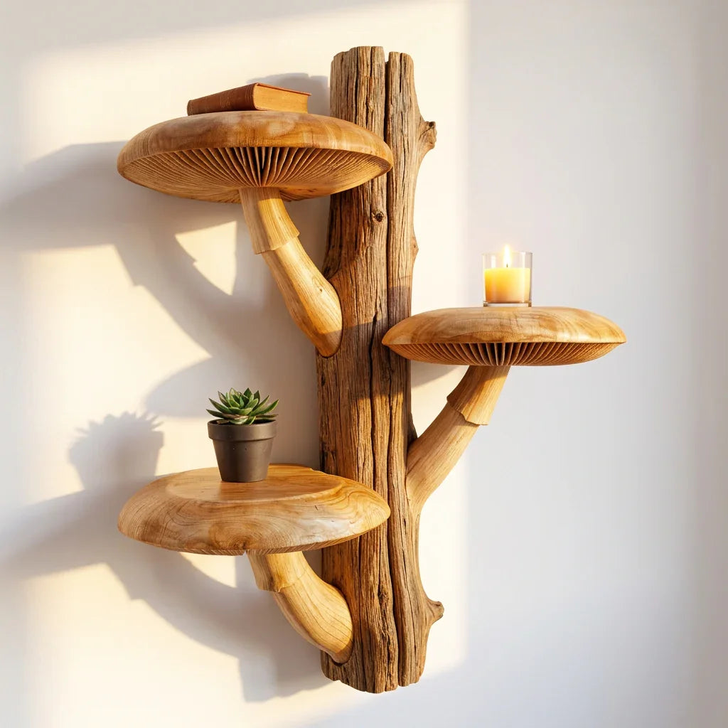 Rustic Mushroom Tree Wall Shelf with 3 Wide Caps and Raw Bark Trunk - Handcrafted Solid Wood, Thick Carved Stems, Handcrafted Solid Wood Floating Shelf for Living Room, Bedroom, Hallway - Ashdeco 2026