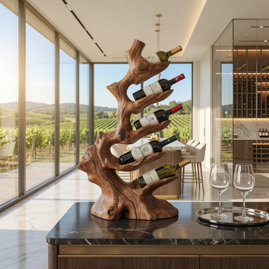 Rustic wooden wine stand creating an elegant focal point in an dining room