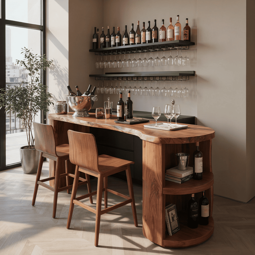 Home bar table solid wood sculptural curved design with wine storage shelves for modern kitchens
