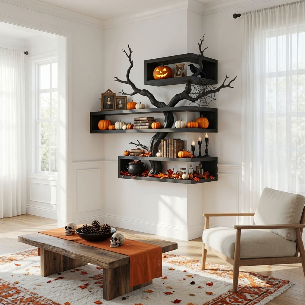 Organic tree branch corner shelf crafted from natural hardwood