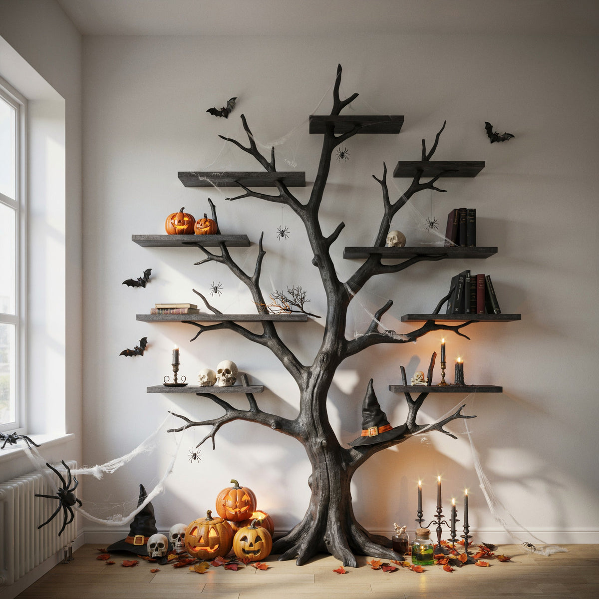 Sculptural dark tree branch wall shelf in solid wood