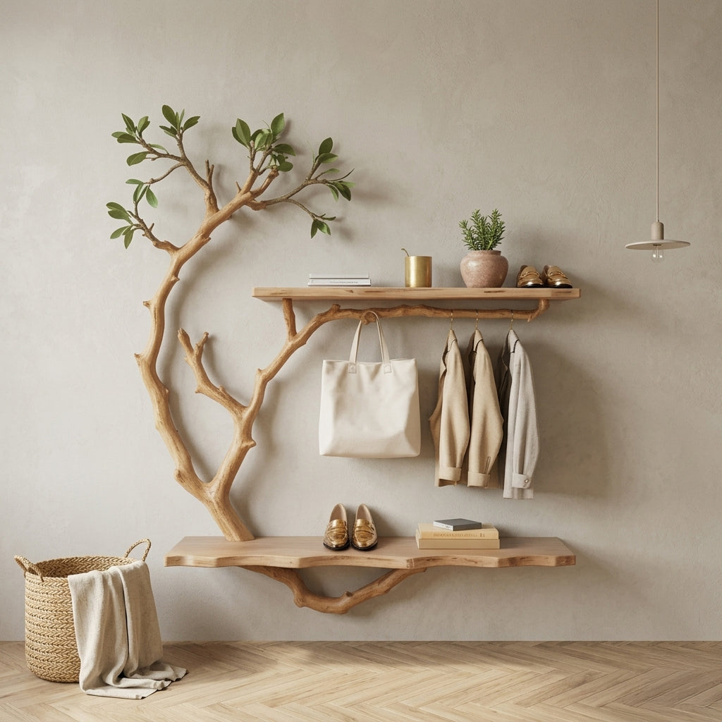 Artistic wooden coat rack for entryway organization