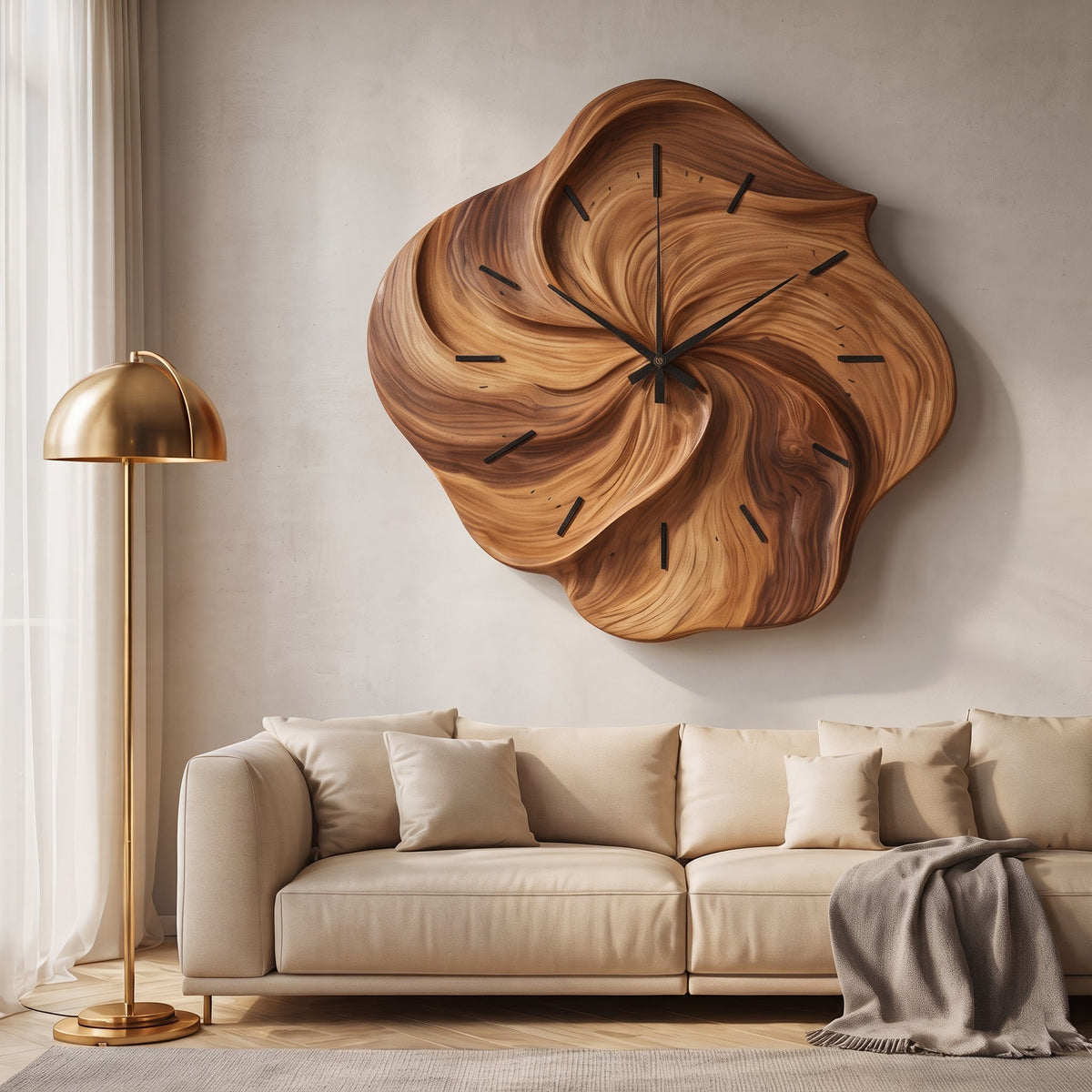 Sculptural Hand-Carved Biomorphic Solid Wood Swirl Wall Clock with Fluted Petal Relief & Silent Quartz Movement