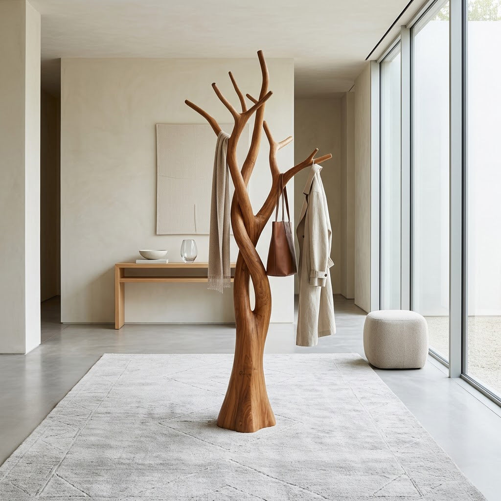 Artistic solid wood branch coat rack enhancing a contemporary entryway