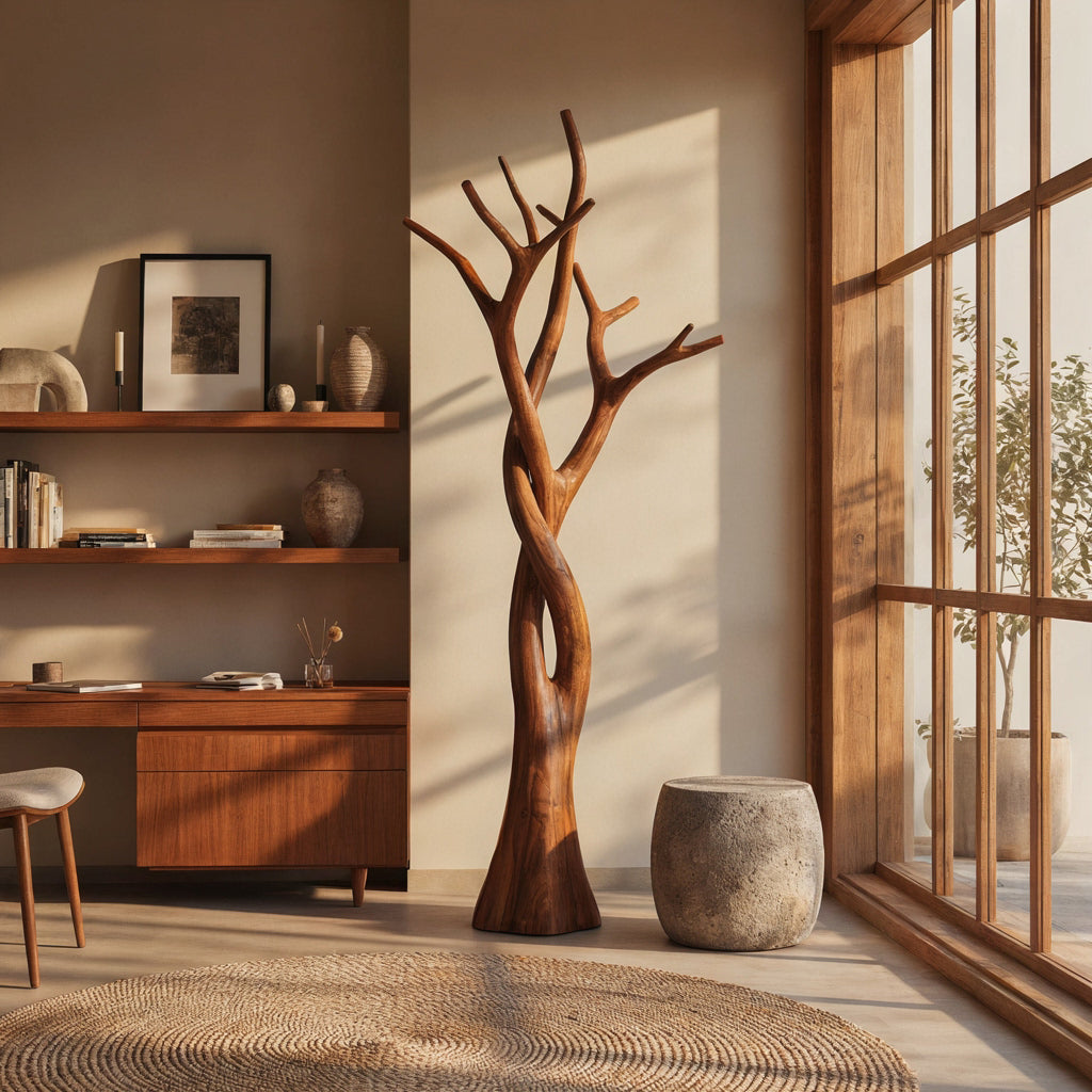 Sculptural solid wood garment stand showcased in an elegant home interior