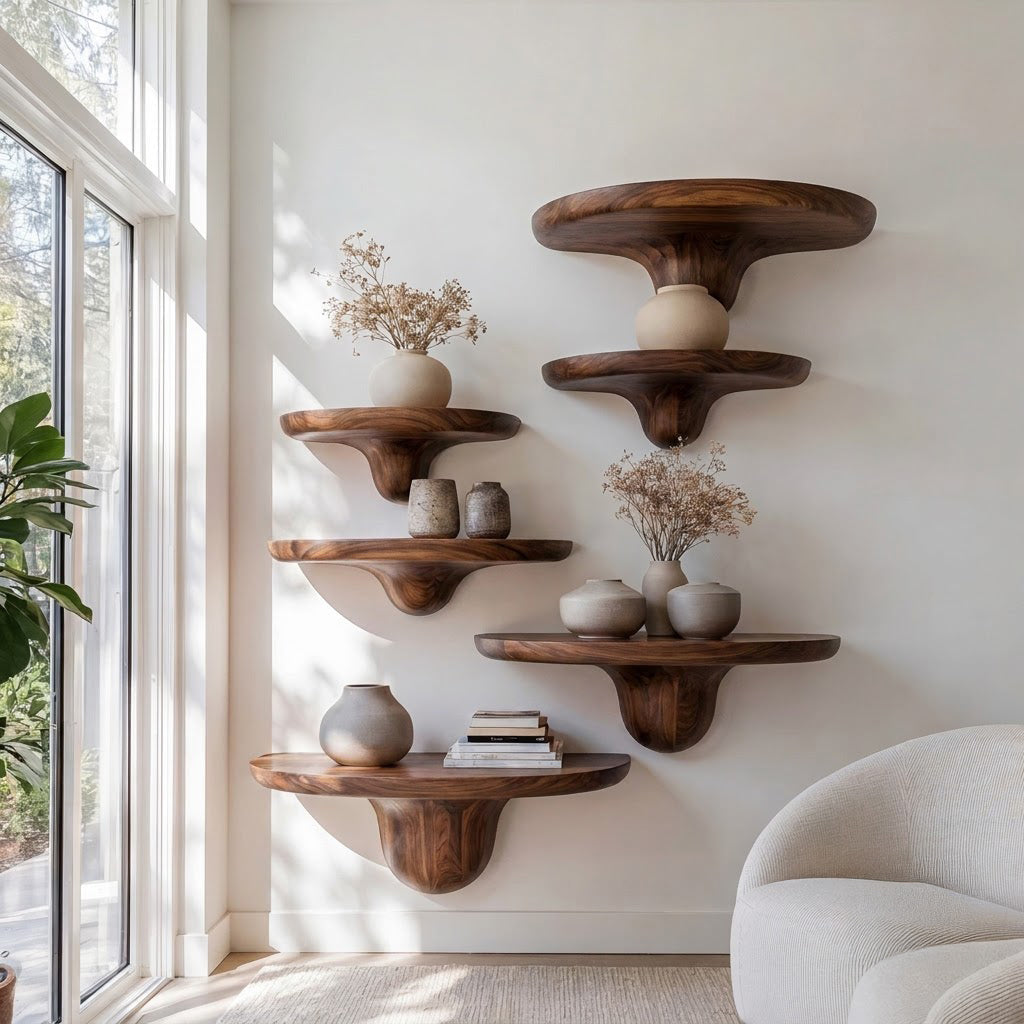 Hand-carved biomorphic wall display ledges in solid wood