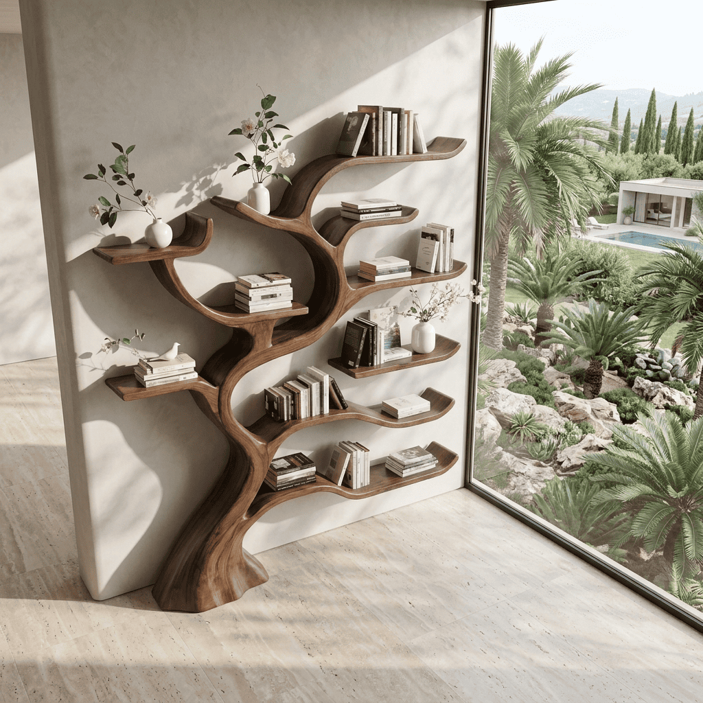Contemporary solid wood sprawling tree bookcase mounted in an open-concept home library