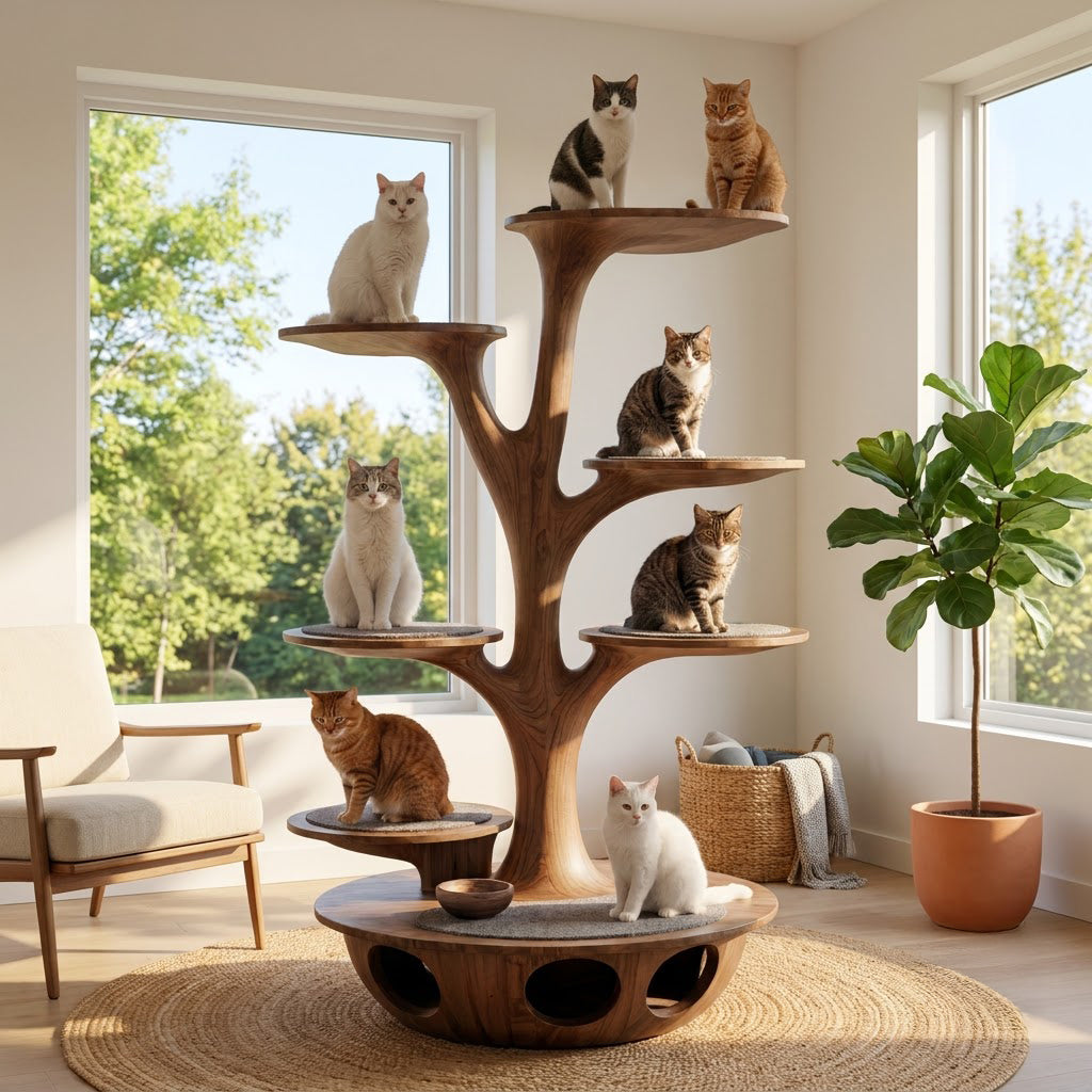 Hand-carved feline climbing tree in solid wood