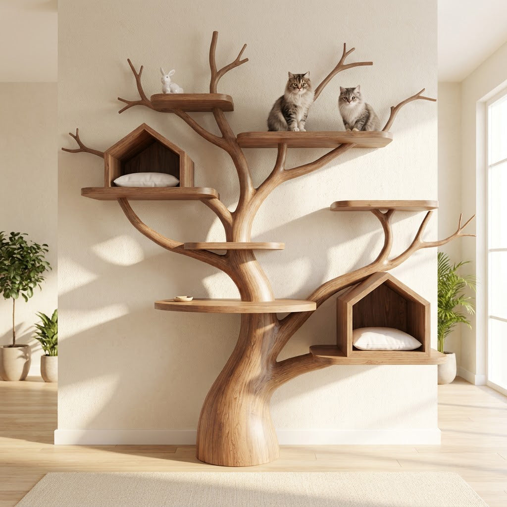 Sculptural solid wood feline wall tower showcased in an elegant contemporary interior