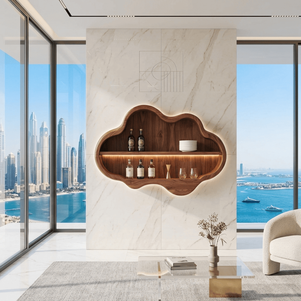 Wall bar cabinet solid wood sculptural cloud design with backlit LED illumination for modern interiors