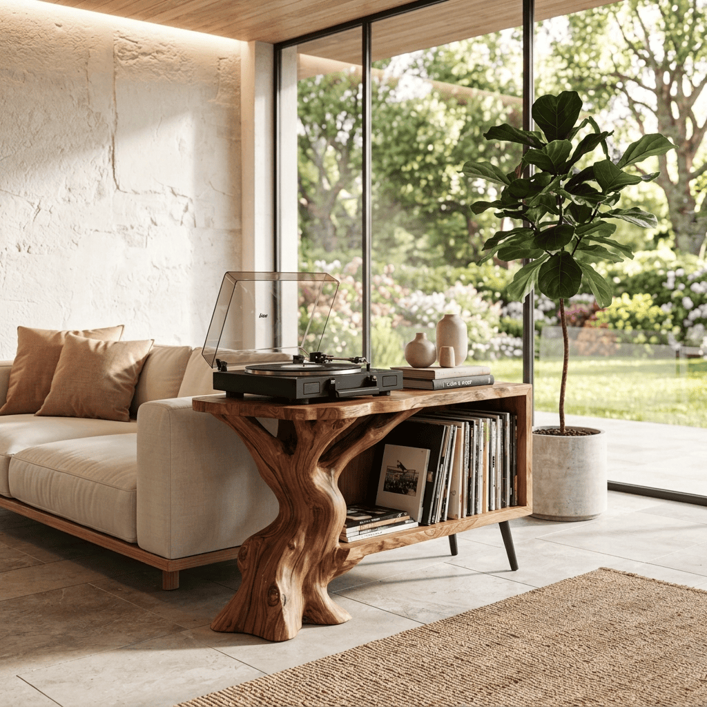 Handcrafted solid wood live edge record player stand styled in a cozy living room