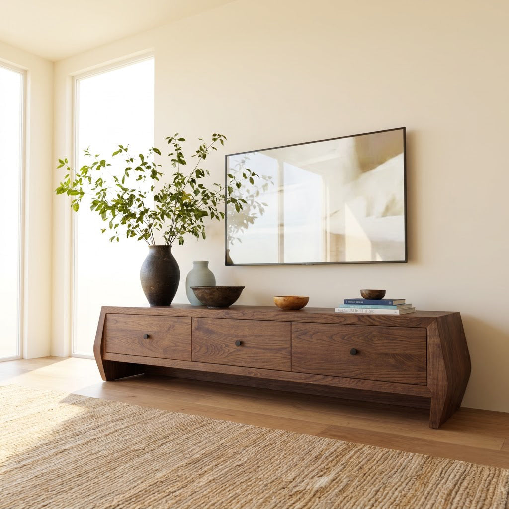 Sculptural low-profile TV stand in solid wood