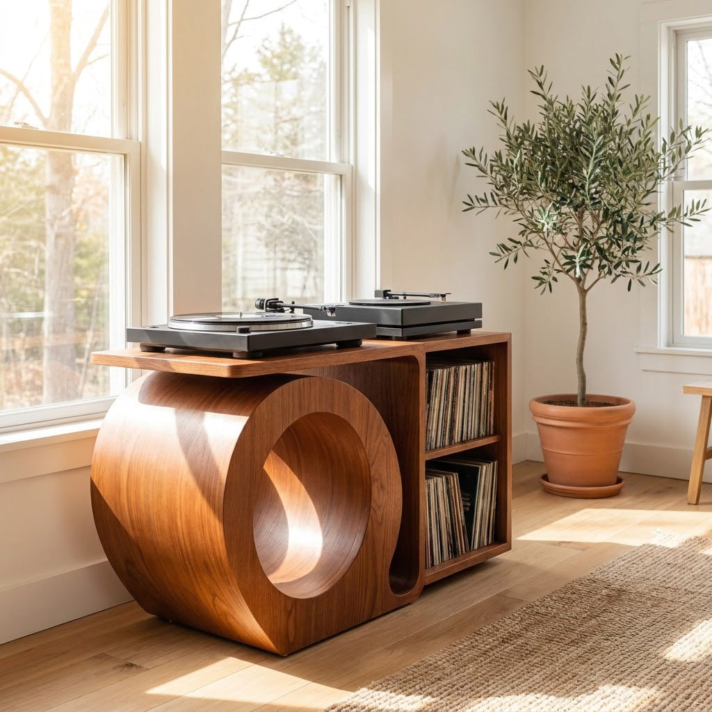 Organic solid wood vinyl console with circular tunnel base in a cozy music corner