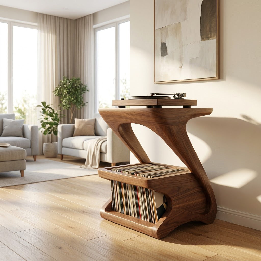 Z-shape record player stand crafted from solid wood
