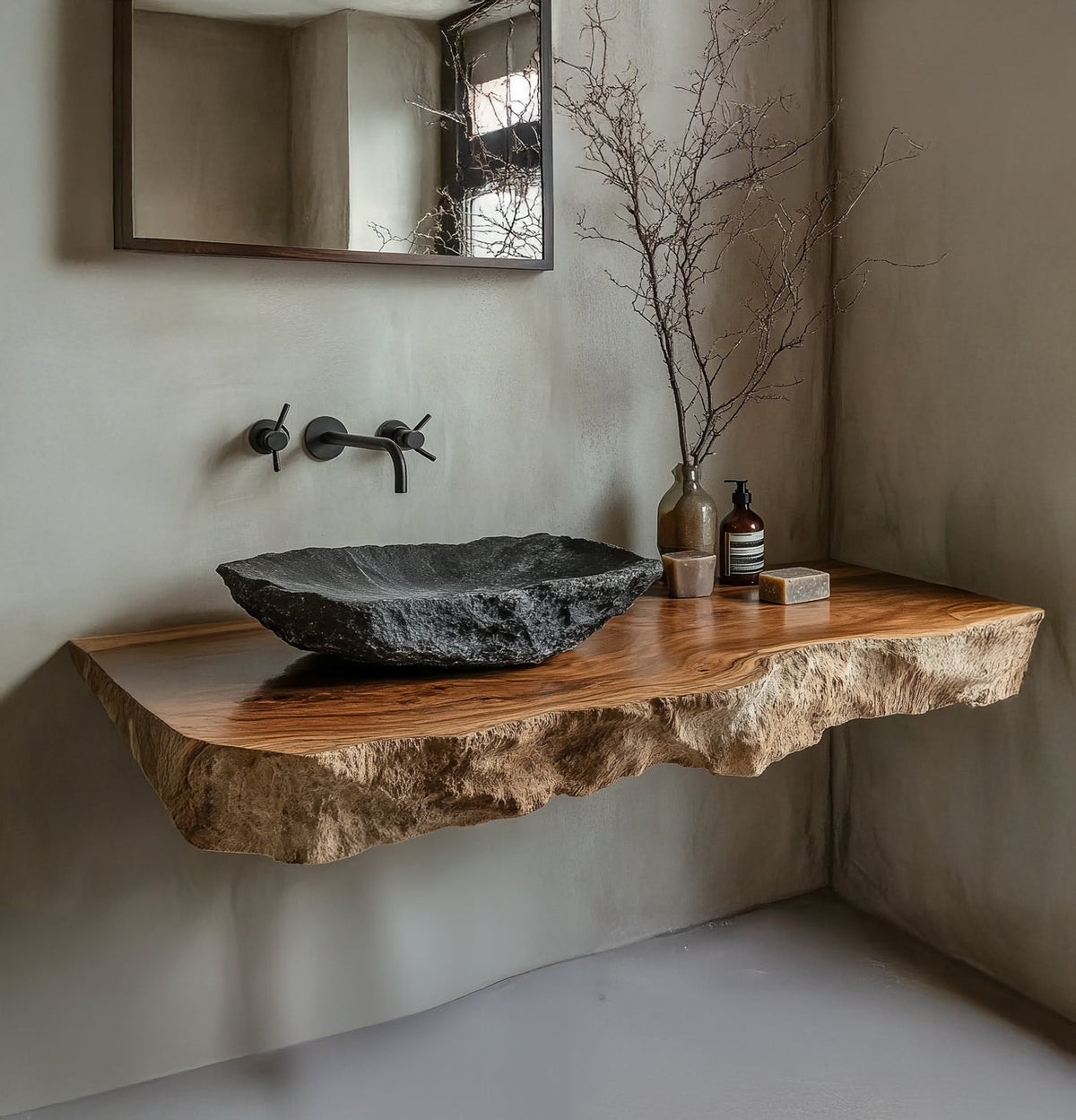 Organic modern bathroom vanity handcrafted from natural wood