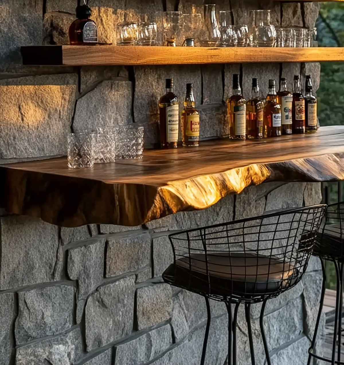 Solid wood whiskey bar with natural live edge detail