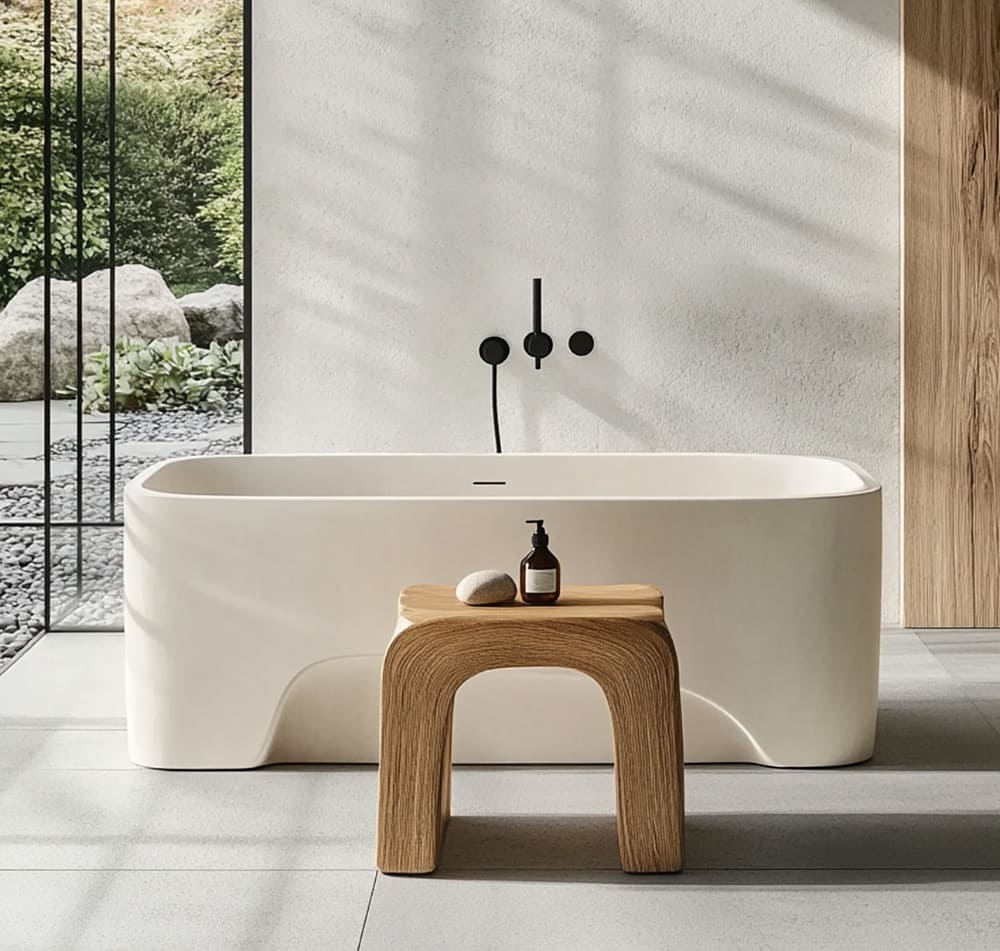 Sculptural live edge shower stool crafted from premium solid wood for modern bathrooms