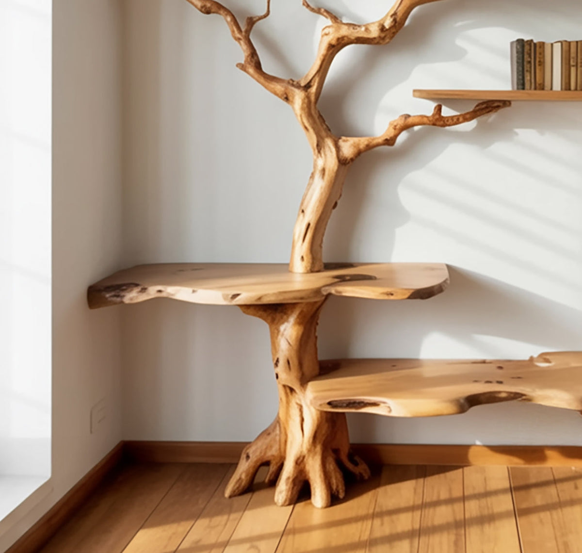 Floating tree bookshelf holding vintage books and a small potted plant