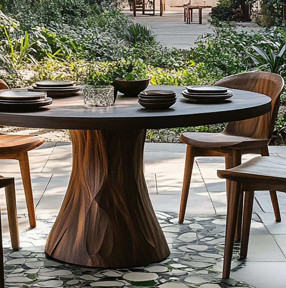 Organic solid wood dining table featuring a handcrafted round design for outdoor spaces