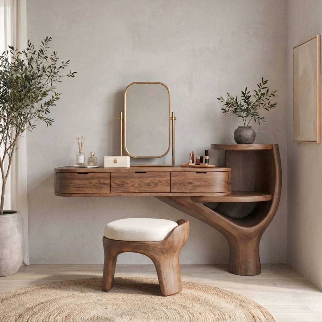 Sculptural organic vanity desk crafted from premium solid wood in Japandi style