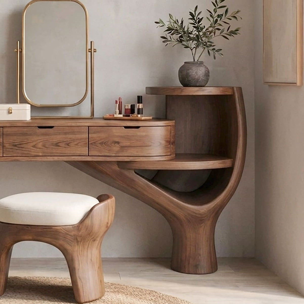 Modern Japandi makeup table featuring handcrafted solid wood construction and sculptural details