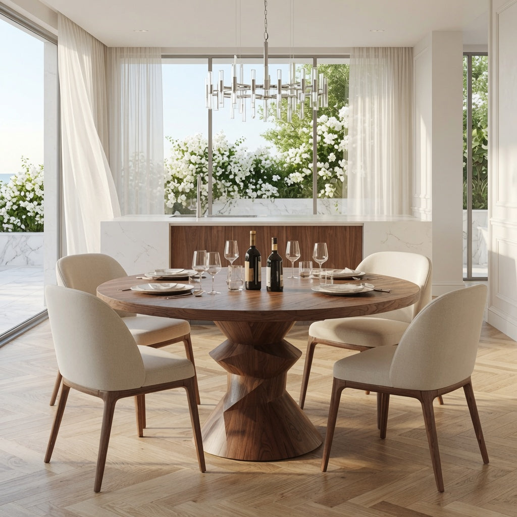 Organic modern pedestal dining table crafted from natural hardwood