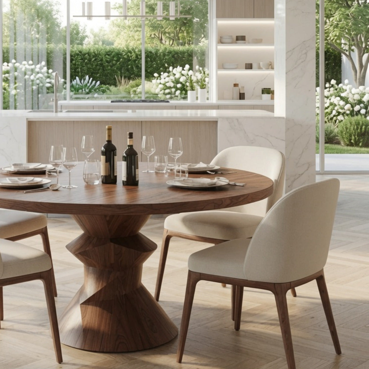 Sculptural pedestal round dining table in solid wood