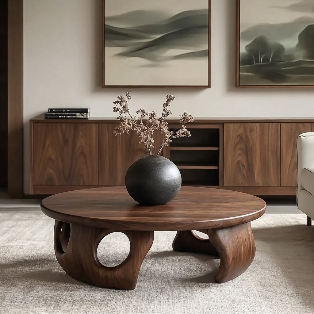 Sculptural round coffee table crafted from premium solid wood in Japandi style