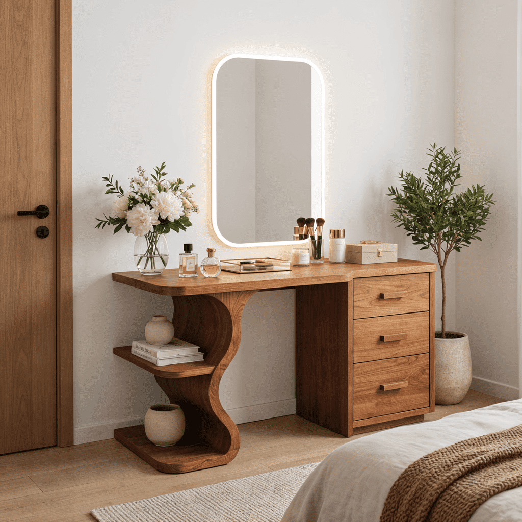 Minimalist solid wood S-shaped vanity desk in a sunlit beauty bedroom