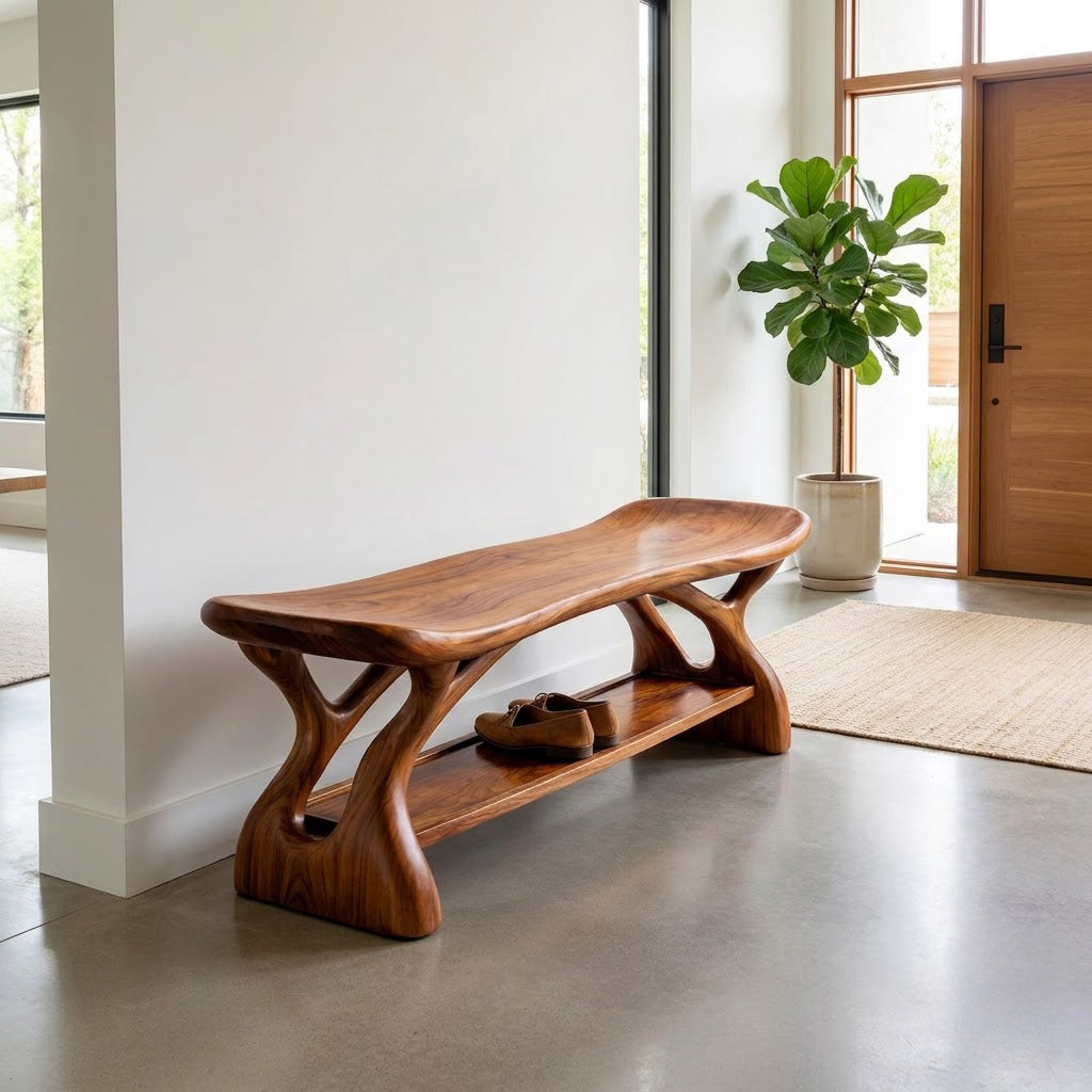 Sculptural saddle-seat solid wood entryway shoe bench with lower storage shelf for modern entryways