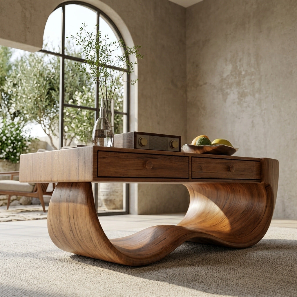 Artistic solid wood wave coffee table styled in a contemporary living space
