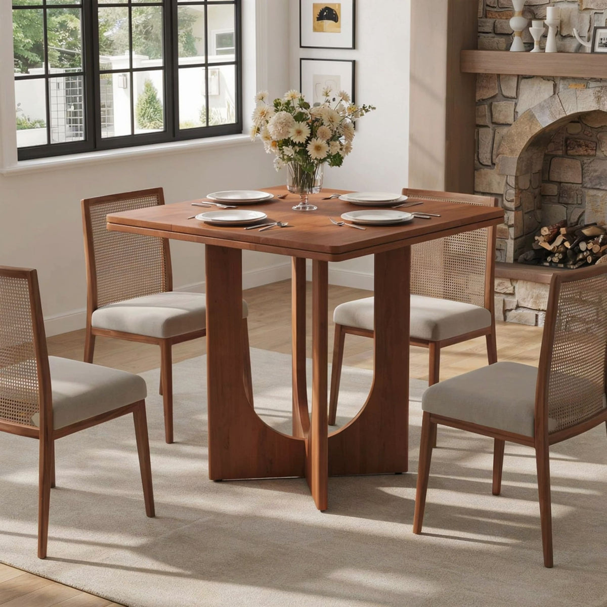 Sculptural solid wood dining table with arch pedestal base handcrafted from premium hardwood