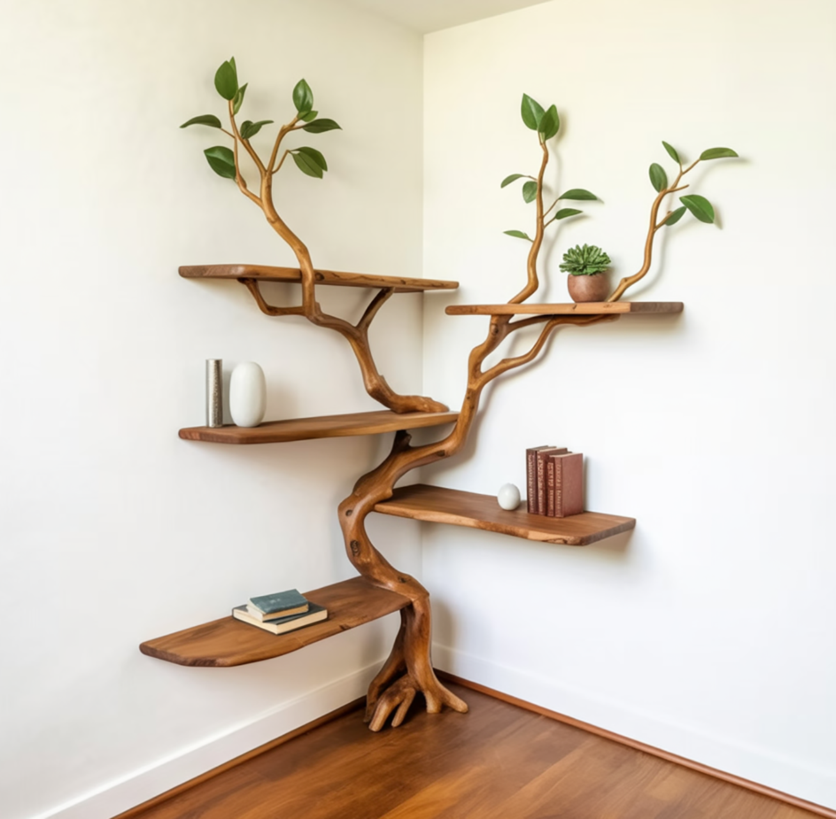 Sculptural tree wall bookshelf made from solid wood for reading nook