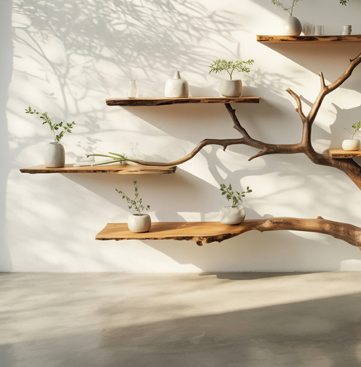 Close-up of natural live edge wood grain on sculptural wall shelf